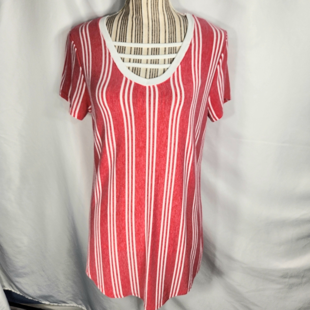Thyme + Honey Coral & White Striped V Neck Cross Straps Short Sleeve Top Medium